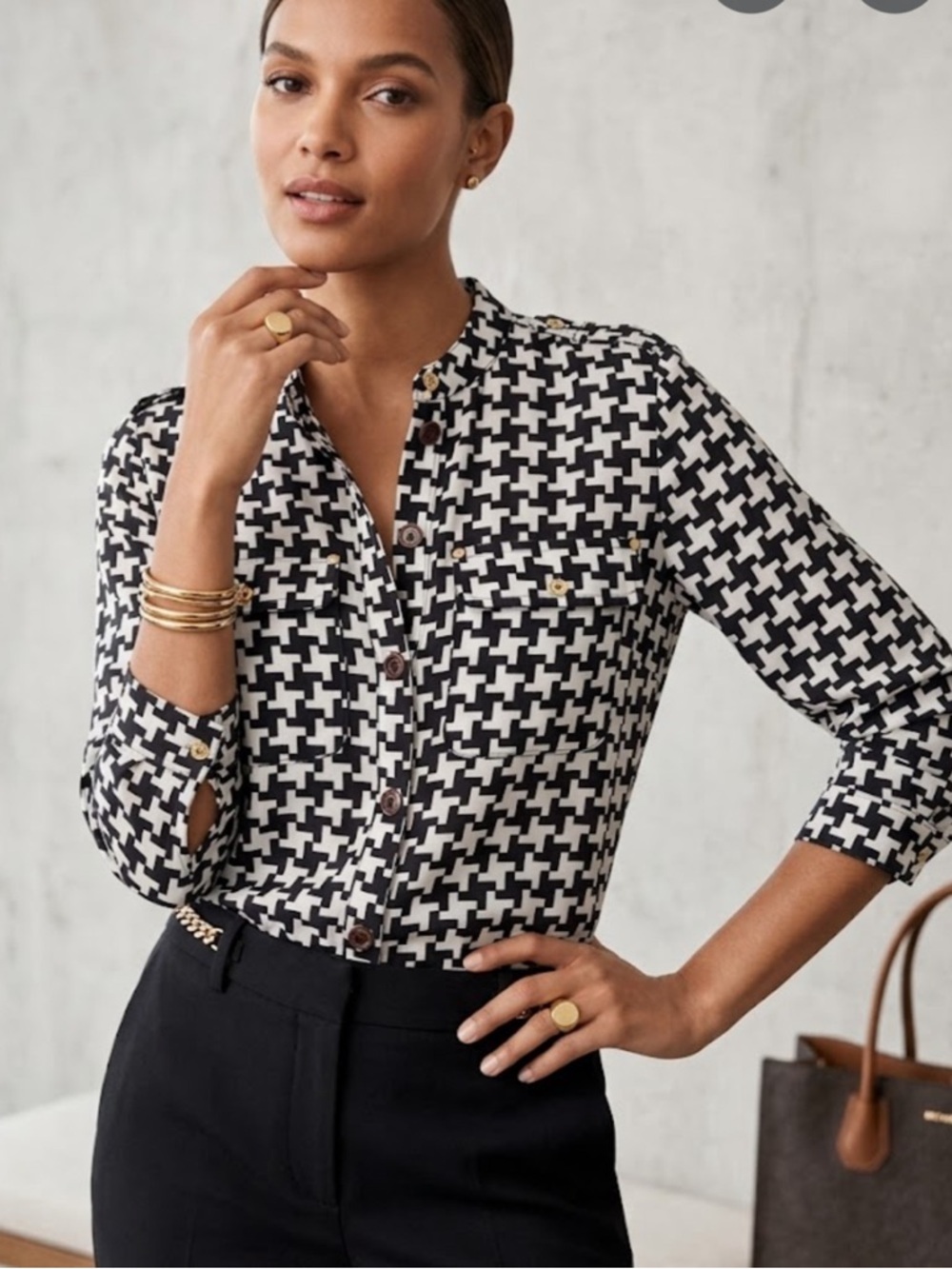Michael Kors Black and White Houndstooth Button-Down Top